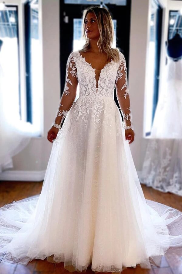 Tulle A-line V-neck Long Sleeves Lace Wedding Dress SW610