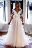 Tulle A-line V-neck Long Sleeves Lace Wedding Dresses, Bridal Gowns, SW610
