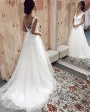 Tulle A-line V-neck Sleeveless Lace Wedding Dresses With Chapel Train, SW539 | cheap lace wedding dresses | bridal gowns | vintage wedding dresses | www.simidress.com