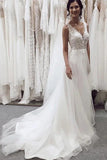 Tulle A-line V-neck Sleeveless Lace Wedding Dresses With Chapel Train, SW539