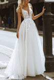 Tulle A-line V-neck Sleeveless Lace Wedding Dresses With Sweep Train, SW572