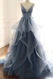 Tulle A-line V-neck Spaghetti Straps Appliqued Prom Dresses, Evening Dress, SP710 | long prom dresses | blue prom dresses | tulle prom dresses | www.simidress.com