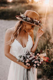Tulle A-line V-neck Spaghetti Straps Backless Lace Appliques Wedding Dress, SW554 | beach wedding dresses | a line wedding dress | boho wedding dresses | simidress.com