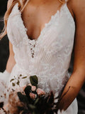 Tulle A-line V-neck Spaghetti Straps Backless Lace Appliques Wedding Dress, SW554 | v neck wedding dress | vintage wedding dresses | outdoor wedding dresses | simidress.com