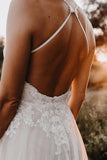 Tulle A-line V-neck Spaghetti Straps Backless Lace Appliques Wedding Dress, SW554 | backless wedding dress | tulle wedding dresses | wedding dresses online | simidress.com