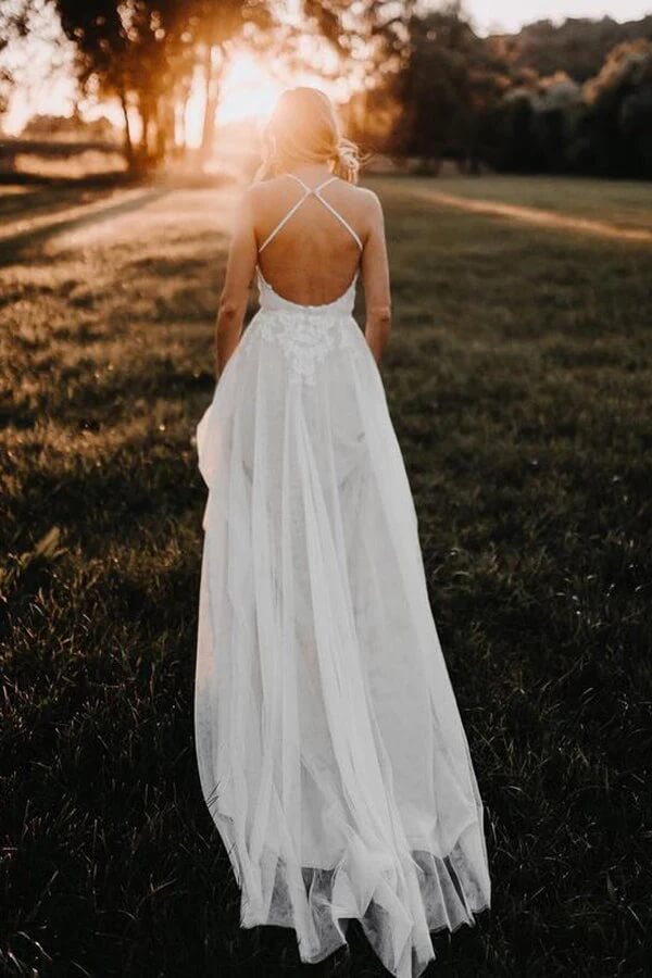 spaghetti strap backless wedding dress Summer Wedding Dresses Lace Chiffon Sexy Spaghetti Straps Backless Ves –  TANYA BRIDAL main image 1