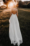 Tulle A-line V-neck Spaghetti Straps Backless Lace Appliques Wedding Dress, SW554