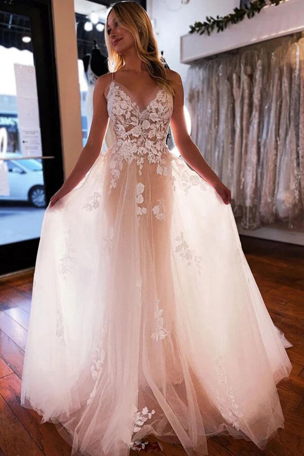 Tulle A-line V-neck Spaghetti Straps Backless Wedding Dresses, Bridal Gowns, SW560 | tulle wedding dresses | a line wedding dresses | wedding gowns | simidress.com