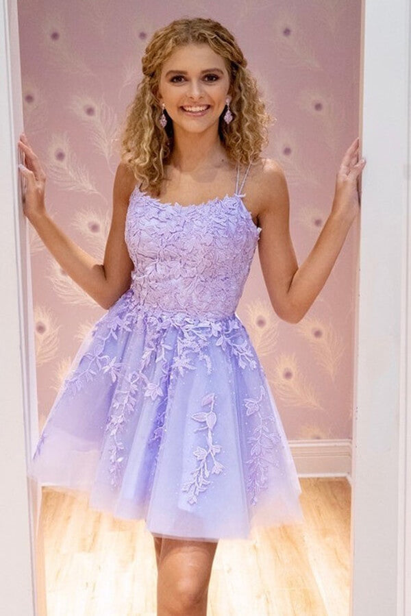 Tulle Lace A-line Spaghetti Straps Homecoming Dresses, Graduation Dress, SH558 | lace homecoming dress | short homecoming dresses | graduation dresses | www.simidress.com