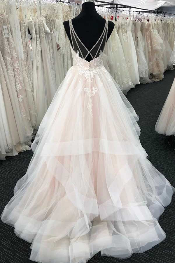 Tulle Lace A-line V-neck Boho Wedding Dress With Train, Wedding Gowns, SW527 | vintage wedding dresses | wedding dresses near me | tulle wedding dress | www.simidress.com​