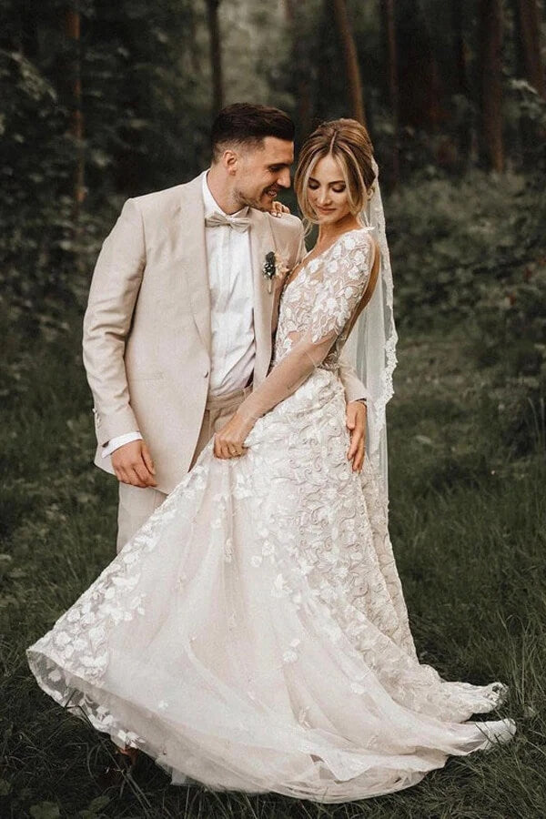 Tulle Lace A-line V-neck Long Sleeves Wedding Dresses, Wedding Gown, SW602 | vintage wedding dresses | wedding dresses online | bohemian wedding dresses | simidress.com