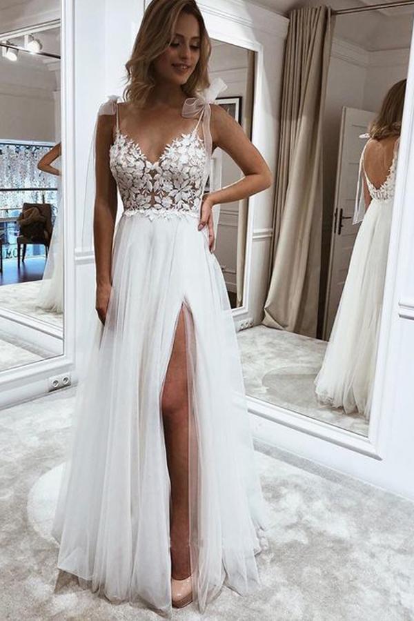 Tulle Lace A-line V-neck Straps Beach Wedding Dresses With Split, SW436 | beach wedding dresses | cheap wedding dress | bridal gowns | www.simidress.com