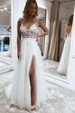 Tulle Lace A-line V-neck Straps Beach Wedding Dresses With Split, SW436