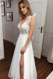 Tulle Lace A-line V-neck Straps Beach Wedding Dresses With Split, SW436 | lace wedding dresses | wedding gowns | bridal outfit | www.simidress.com