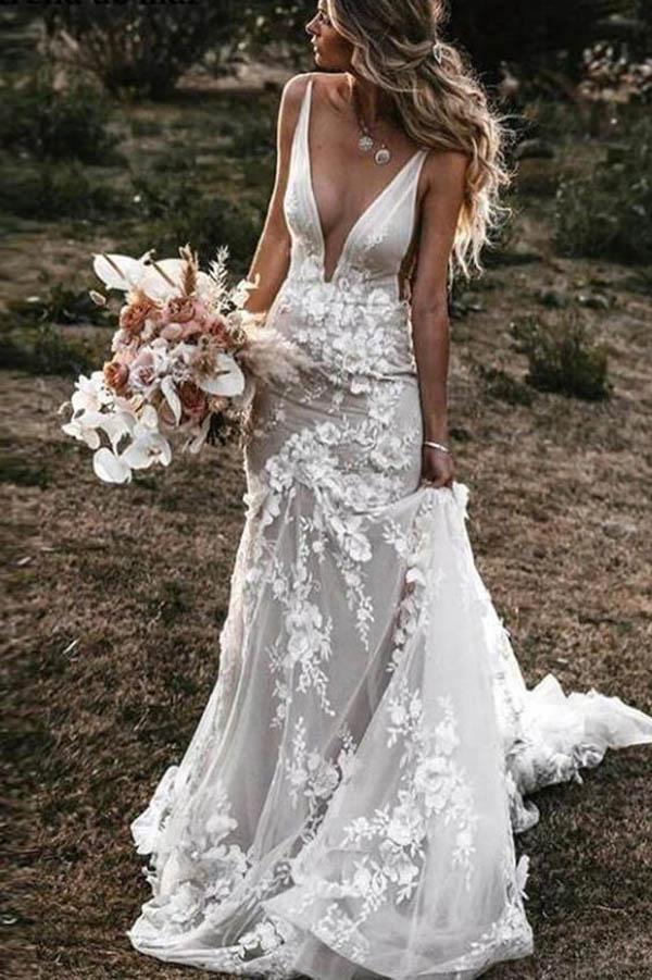 Tulle Lace Mermaid Backless Deep V-neck Wedding Dresses, Bridal Gown, SW426 | cheap wedding dresses | mermaid wedding dress | lace wedding dress | www.simidress.com