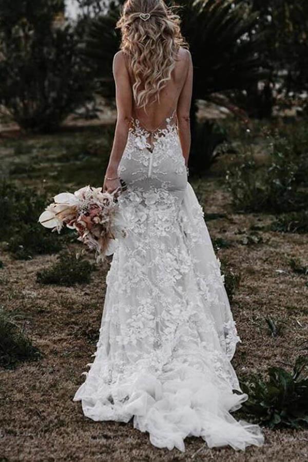 Tulle Lace Mermaid Backless Deep V-neck Wedding Dresses, Bridal Gown, SW426 | lace mermaid wedding dress | ivory lace wedding dresses | wedding gowns | cheap wedding dress | www.simidress.com