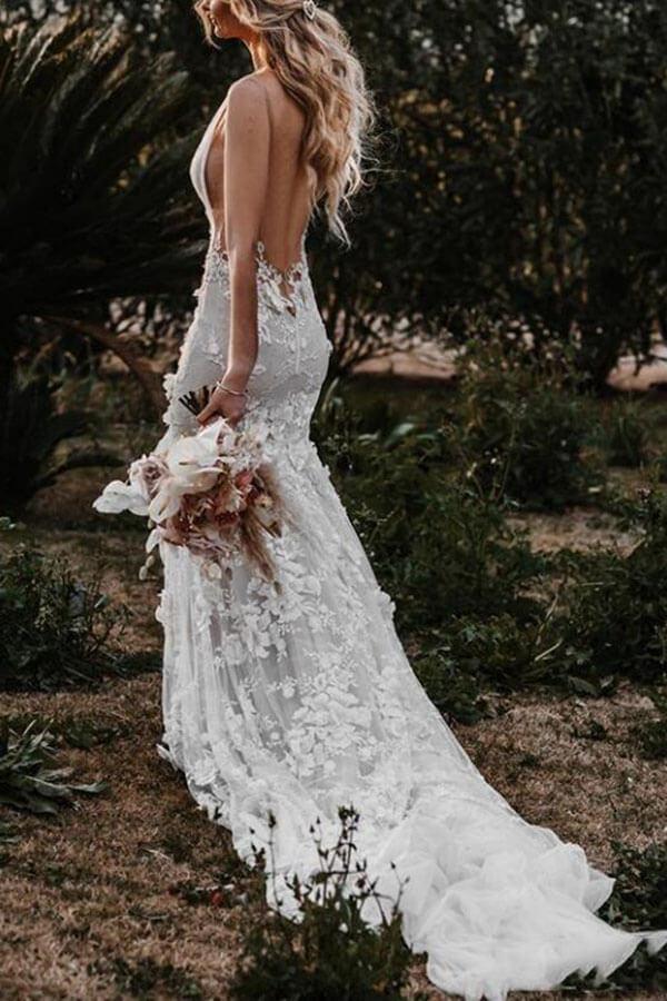 Tulle Lace Mermaid Backless Deep V-neck Wedding Dresses, Bridal Gown, SW426 | lace mermaid wedding dresses | cheap lace wedding dress | bridal gowns | www.simidress.com
