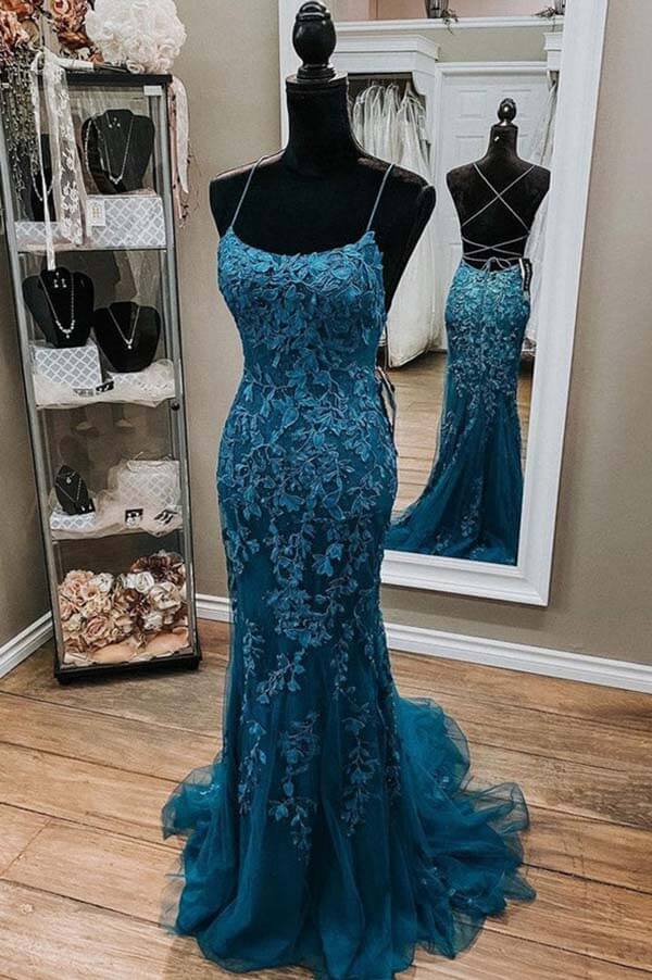 Tulle Lace Mermaid Spaghetti Straps Prom Dresses, Long Formal Dresses, SP766 | cheap long prom dress | evening gown | party dresses | www.simidress.com