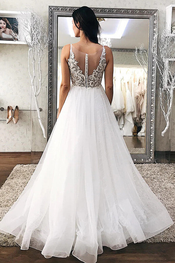 Tulle Lace Top A-line V-neck Wedding Dresses, Floor Length Bridal Gown, SW592 | beach wedding dresses | affordable wedding dresses online | vintage wedding dress | simidress.com