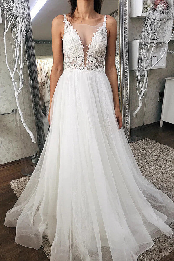 Simple V-neck Long Wedding Dresses, Popular A-line Lace Bridal Gowns Simple V-neck Long Wedding Dresses, Popular A-line Lace Bridal Gowns