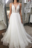 Tulle Lace Top A-line V-neck Wedding Dresses, Floor Length Bridal Gown, SW592