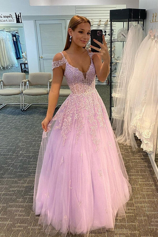Tulle Lilac A-line Long Prom Dresses With Lace Appliques, Evening Dresses, SP834 | lace prom dresses | long formal dresses | evening gown | simidress.com