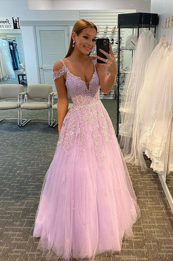 Tulle Lilac A-line Long Prom Dresses With Lace Appliques, Evening Dresses, SP834 | lilac prom dresses | purple prom dresses | a line prom dresses | simidress.com