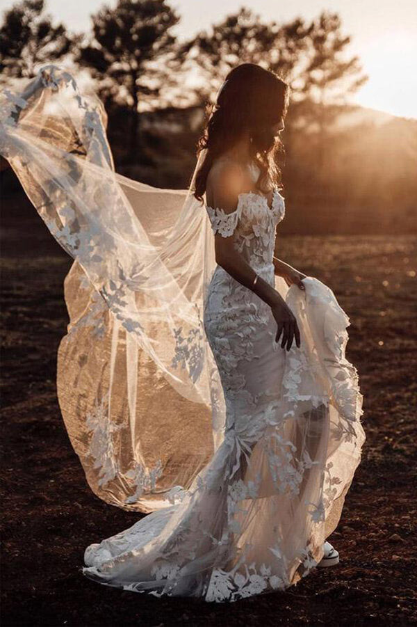 Tulle Mermaid Off Shoulder Rustic Wedding Dresses With Lace Appliques, SW490 | rustic wedding dress | vintage wedding dresses | mermaid wedding dresses | www.simidress.com