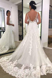 Tulle Polka Dot Lace Spaghetti Straps A-line Backless Wedding Dresses, SW475 | a line lace wedding dresses | cheap lace wedding dresses | bridal outfit | www.simidress.com