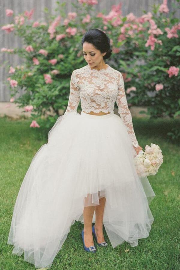 Crop Top Wedding Dress, Long Sleeve Lace Two Piece Wedding Dress