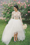 Two Pieces Long Sleeves Lace Top Tulle Skirt High Low Wedding Dresses, SW439