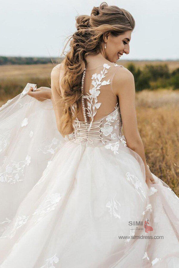 Ivory Lace A Line Illustion Neck Wedding Dresses, SW393