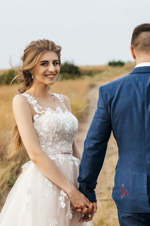 Vintage Ivory Lace A Line Tulle Illustion Neck Corset Back Wedding Dresses, SW393 | lace wedding dresses | wedding dresses online | cheap lace wedding dresses | bridal gowns | beach wedding dresses | www.simidress.com