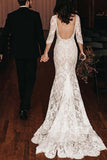 Vintage Ivory Lace Mermaid V-neck Wedding Dresses With Chapel Train, SW492 | lace wedding gown | long sleeves wedding dress | wedding gown | www.simidress.com