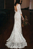 Vintage Ivory Lace Mermaid V-neck Wedding Dresses With Chapel Train, SW492 | bridal outfit | boho wedding dress | ivory wedding dresses | www.simidress.com