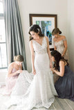 Vintage Ivory Mermaid V-neck Wedding Dresses With Sweep Train, SW433 | Ivory wedding dresses | cheap lace wedding dress | mermaid wedding gowns | www.simidress.com