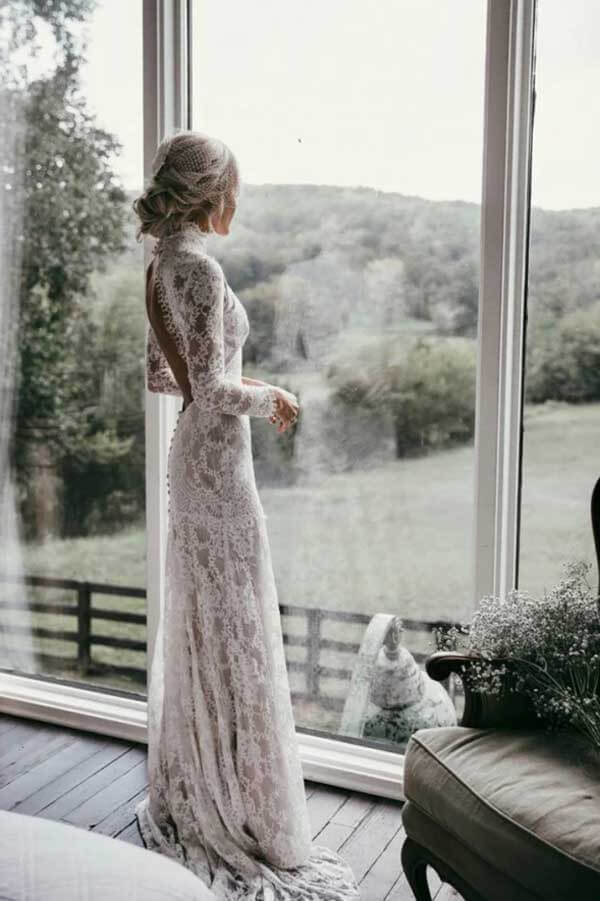 Sheath High Neck Long Sleeves Lace Wedding Dresses SW529 Simidress