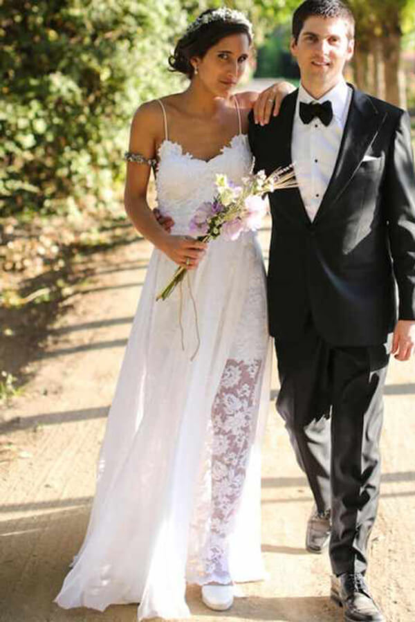 Vintage White Lace Backless Spaghetti Straps Wedding Dresses With Slit, SW447 | cheap lace wedding dress | beach wedding dress | a line wedding dress | www.simidress.com