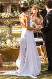 Vintage White Lace Backless Spaghetti Straps Wedding Dresses With Slit, SW447 | white lace wedding dresses | wedding dresses online | bridal gowns | www.simidress.com