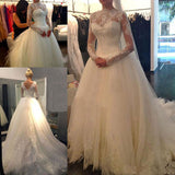 White Lace Tulle Wedding Dresses,Long Sleeve Cheap V-back Bridal Gowns,SVD523