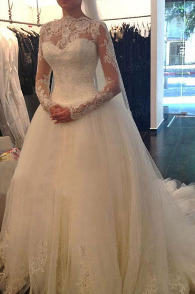 White Lace Tulle Wedding Dresses,Long Sleeve Cheap V-back Bridal Gowns,SVD523