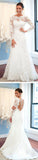 White Lace Backless Round Neck Long Sleeve Mermaid Wedding Party Dresses,SVD529