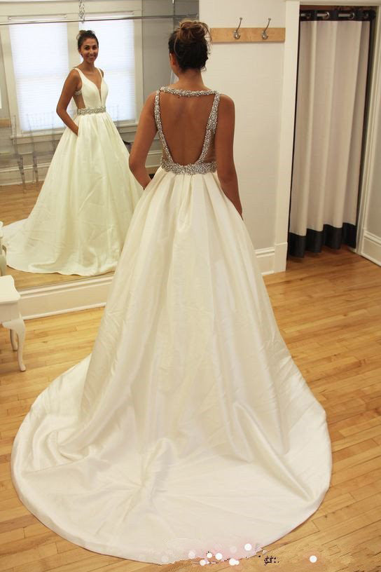 Simple Long Wedding Gowns,Sexy Deep V Neckline Backless Long Wedding Dresses,SVD531