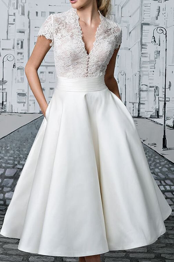 Ivory Vintage Lace V-neck Tea-length Short Wedding Dresses, Bridal Gown, SW403 | wedding dresses | short wedding dresses | vintage wedding dresses | tea length wedding dresses | bridal gowns | bridals | bridal dresses | Simidress.com