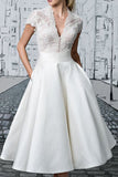 Ivory Vintage Lace V-neck Tea-length Short Wedding Dresses, Bridal Gown, SW403