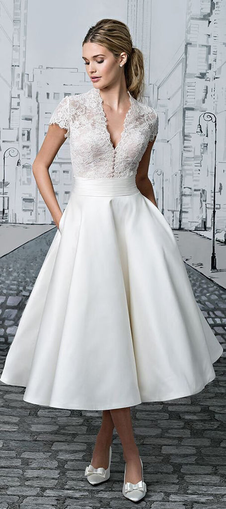 Ivory Vintage Lace Tea-length Short Wedding Dresses, SW403 Simidress