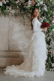 White A-line Tulle Bateau Long Sleeves Court Train Wedding Dresses, SW366