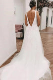White A-line V-neck Tulle Lace Wedding Dresses with Train, Wedding Gowns, SW540 | tulle wedding dresses | vintage wedding dress | bohemian wedding dress | www.simidress.com