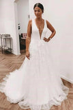White A-line V-neck Tulle Lace Wedding Dresses with Train, Wedding Gowns, SW540