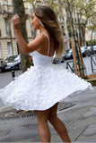 ​White Knee-length Spaghetti Straps Homecoming Dress with Floral Appliques, SH481 | white homecoming dresses | cheap homecoming dresses | short prom dress | simidress.com​